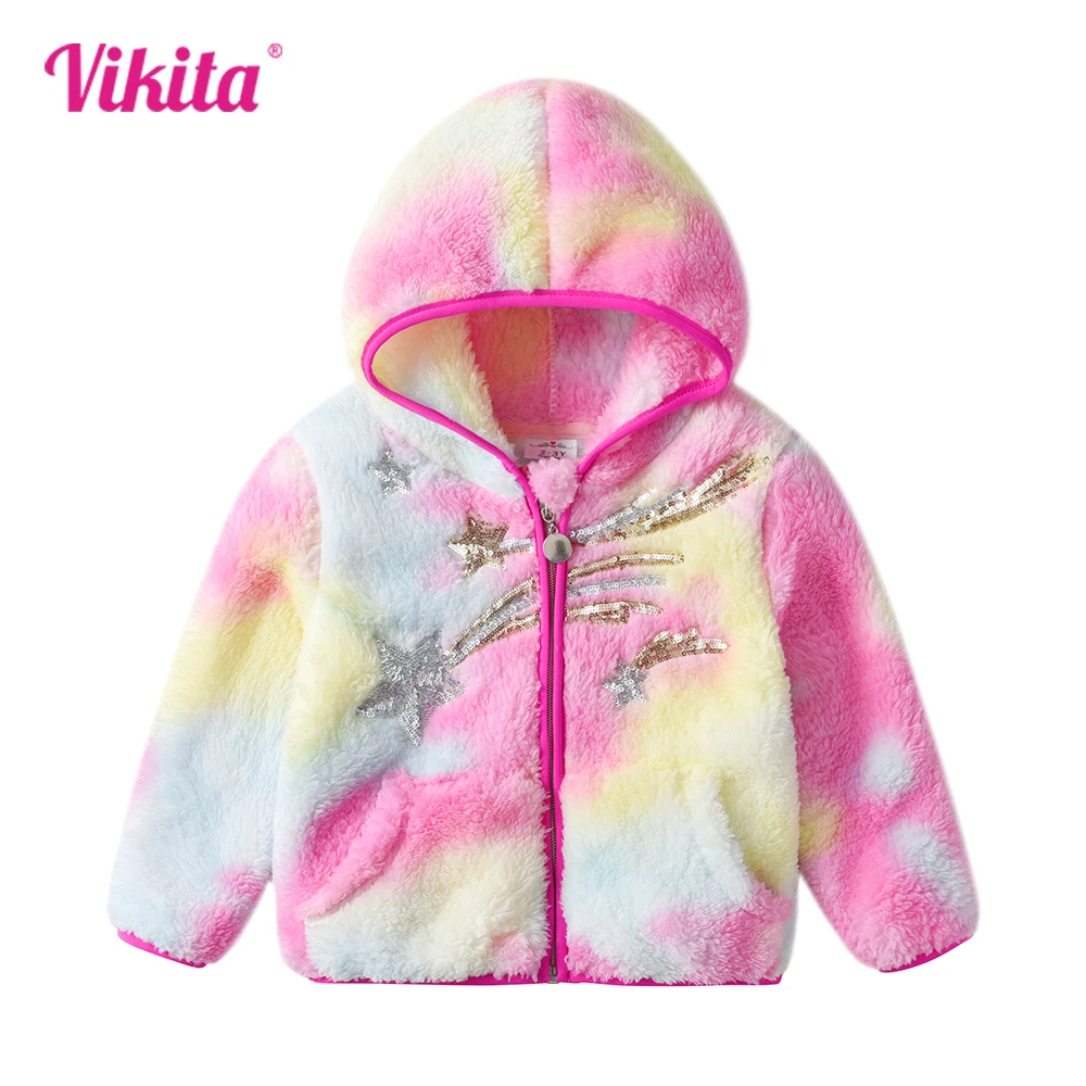 

VIKITA Kids Autumn Winter Coats Jackets Girls Star Sequined Appliqued Zipper Hooded Fleece Warm Soft Outerwear Children Clothing