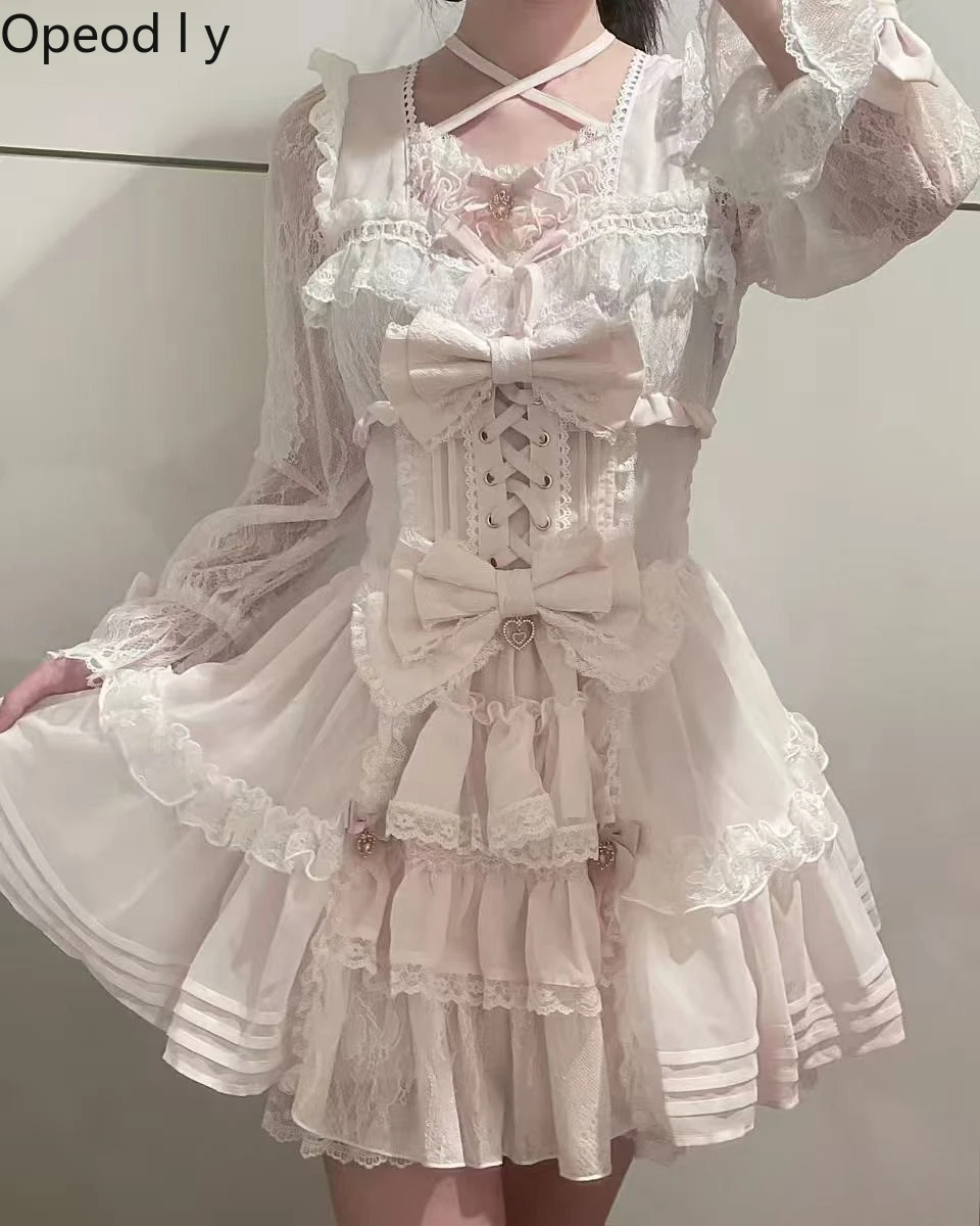 

Japanese Liz Sweet Girls Lolita Dress 2026 Summer Princess Style Lace Patchwork Long Sleeve Elegant Womens Short Dresses