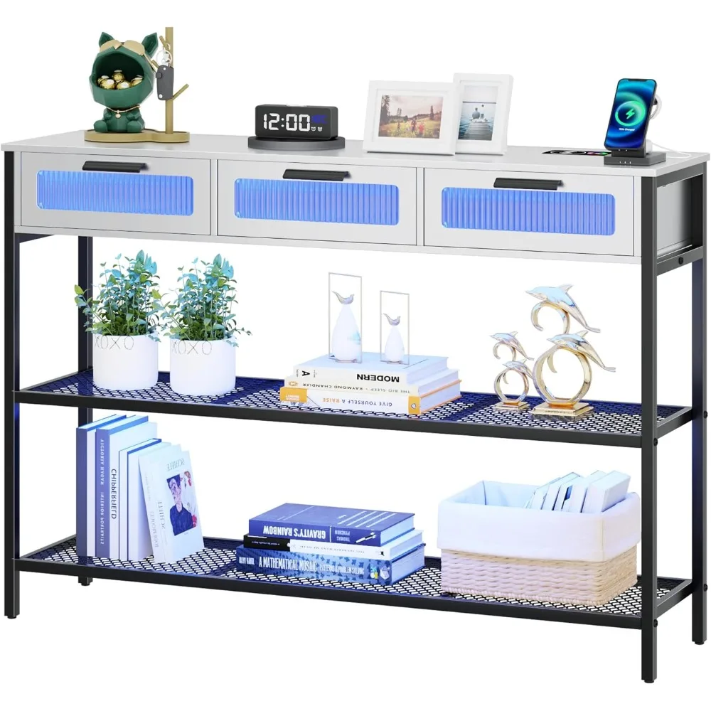 

Modern Console Table with LED Light, Entryway Table with Storage Drawers & Shelves for Living Room/Bedroom/Hallway