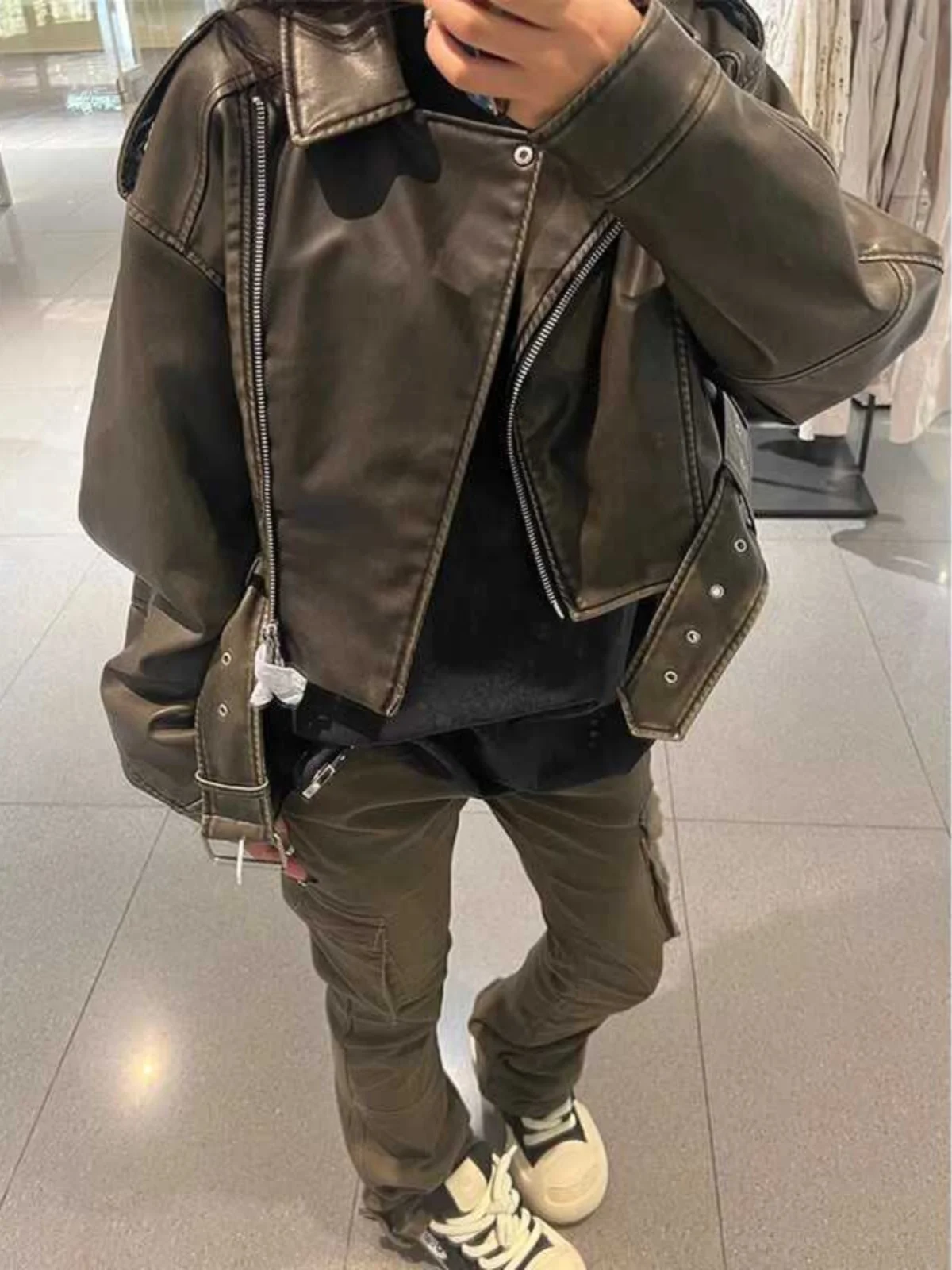 Moto da donna Sle ort sciolto in pelle PU Jaet autunno inverno nuovo arrivo capispalla lungo con colletto rovesciato