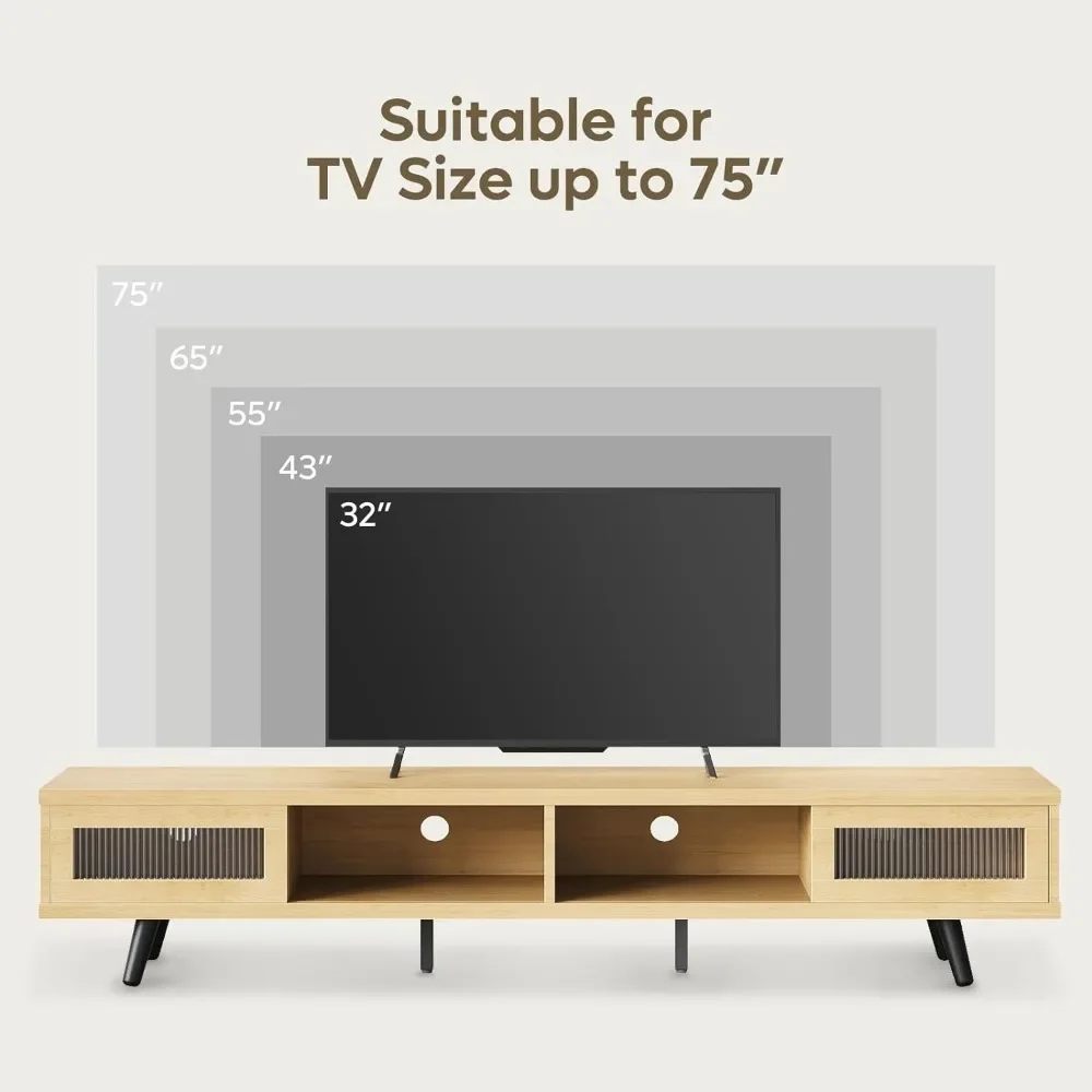 Moderner TV-Ständer für 75-Zoll-Fernseher, LED-TV-Schrank mit Stauraum und Schiebetüren, Low-Profile-TV-Konsole für Wohnzimmer, weißes Ahorn