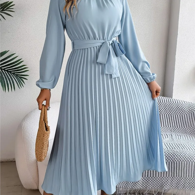 สตรี Elegant A Line ชุดเดรสฤดูใบไม้ผลิฤดูร้อนแขนยาวเอวสูงจีบชุดยาวผู้หญิงชุดเสื้อเชิ้ตลําลอง