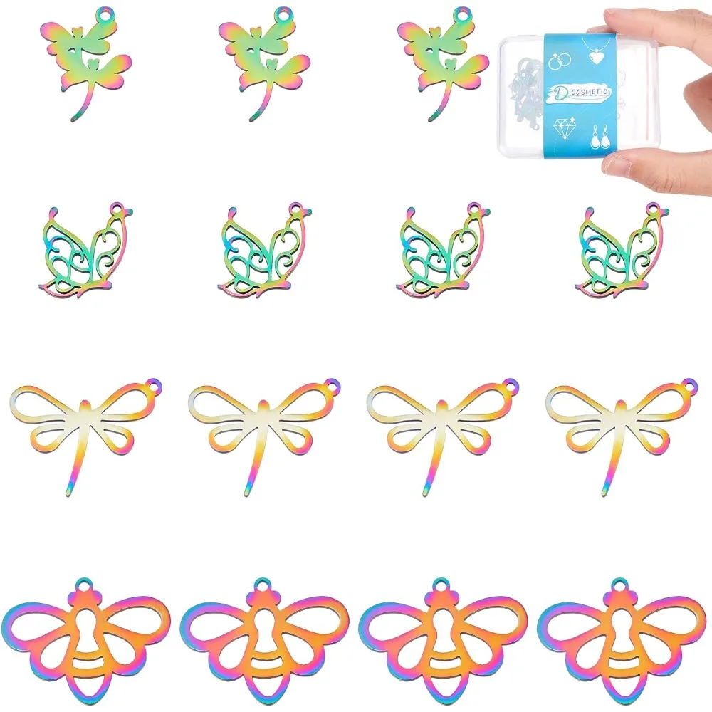 

16Pcs 4 Styles Dragonfly Charms Stainless Steel Hollow Style Insect Charm Pendant Colorful Dragonfly Butterfly Bee Animal Charms