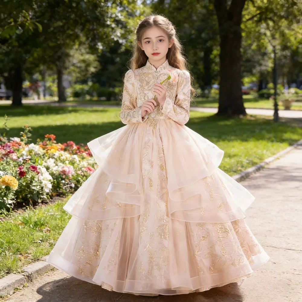 2026 Girls Host Princess White DressChildren Birthday Celebration Gown Formal Party Celebration Kids Piano PerformanceEvening