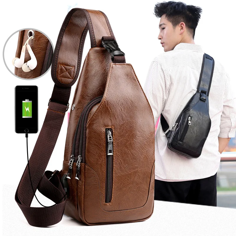 

PU leather men's multi-zipper large capacity lock single shoulder diagonal cross chest bag riding backpack