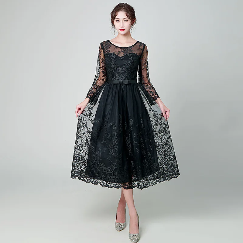 

Ele Bla Long Sve Women's Dr Slimming Par Gown Faionable Midi Length for Wedding Cany Dinner Performance