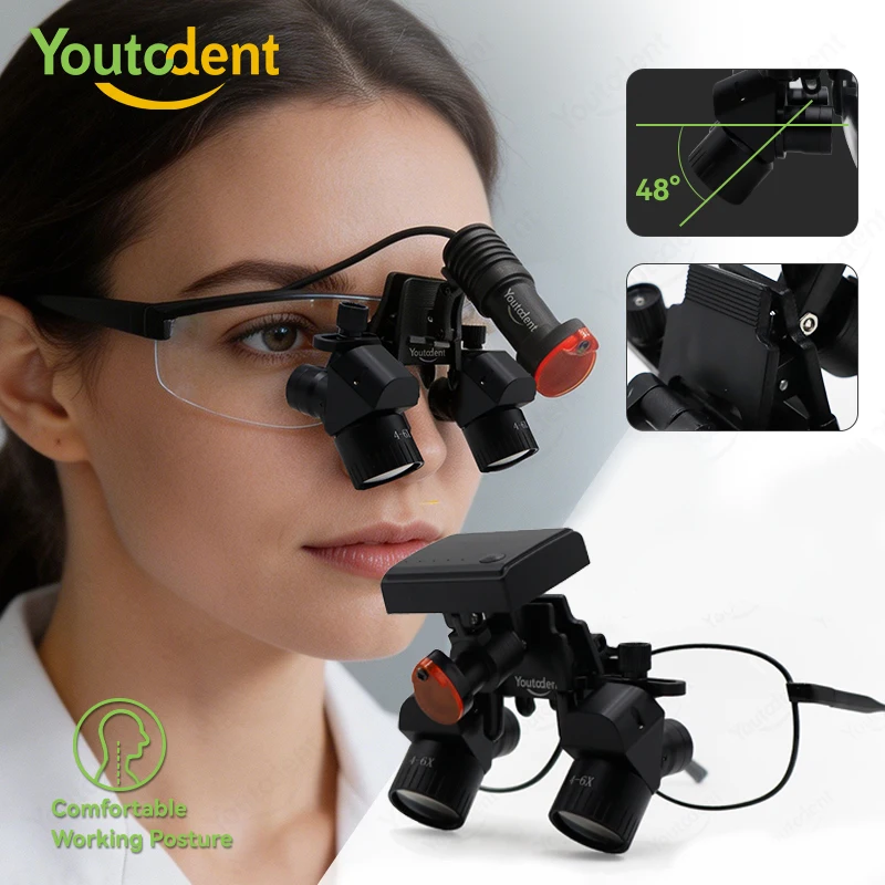 Youtodent 48 °   Loupes binoculaires dentaires Ergo avec lampe frontale LED 5W, loupe réglable 4-6X pour la chirurgie, équipement dentaire