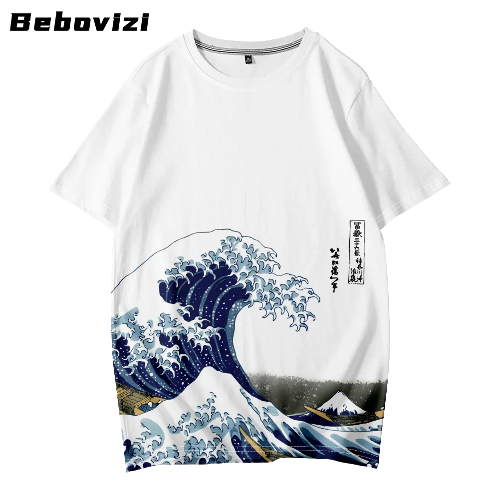 Plus Size 4XL 5XL 6XL Japanese Wave of Kanagawa Print T-Shirt Harajuku White Men Streetwear Style Tops Tees Breathable Clothing