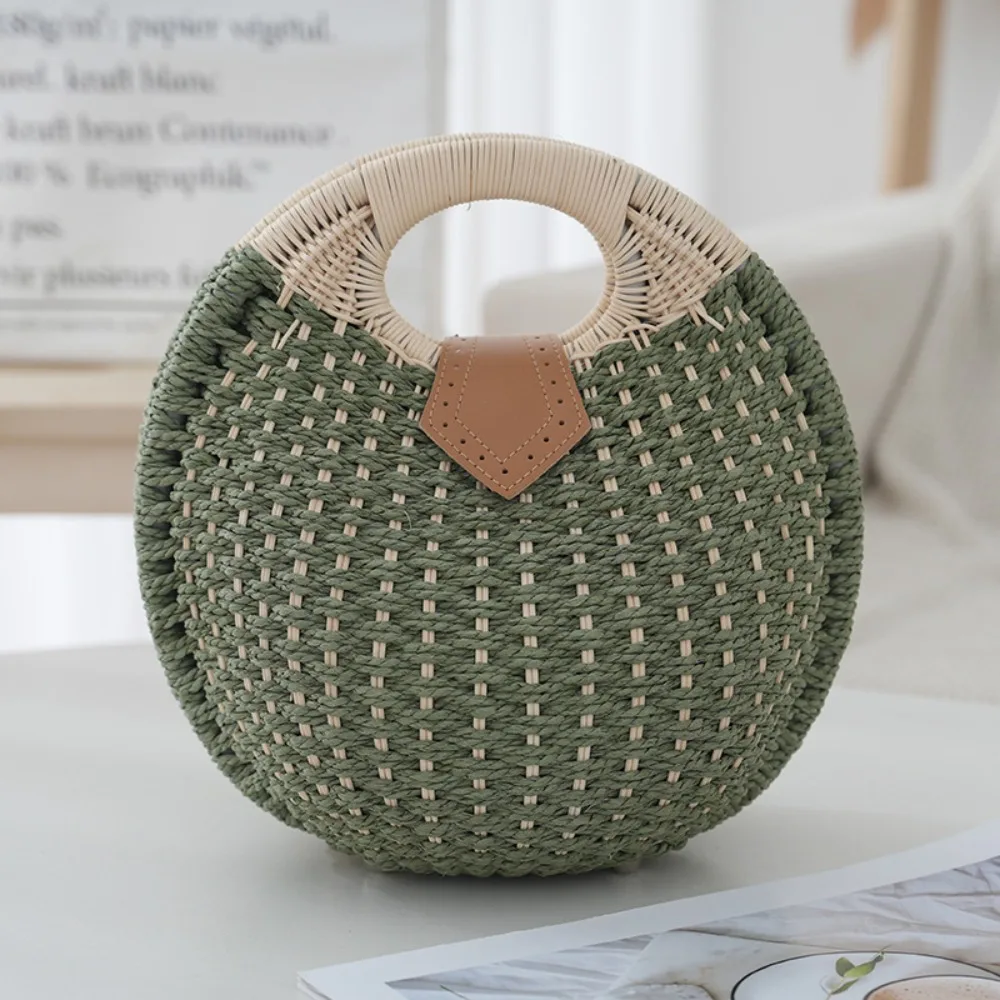 Versatile Rattan Shell Handbag Bohemia Style Handwoven Beach Tote Bag Top-Handle Round Shape Woven Tote Bag Summer Season