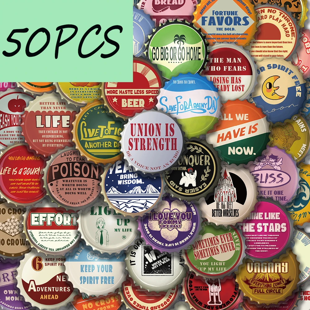

50PCS bottle cap series creative stickers, suitable for decorating hand books, helmets, water bottles, waterproof PET stickers