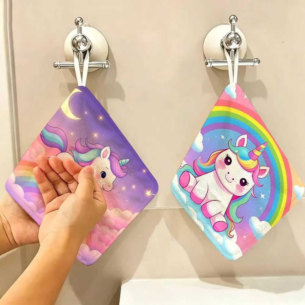 Cute Rainbow Unicorn Polyester Cotton Hanging Kitchen Towel, Skin Friendly Hand Wiping Towel for Hotel Cafe Household
