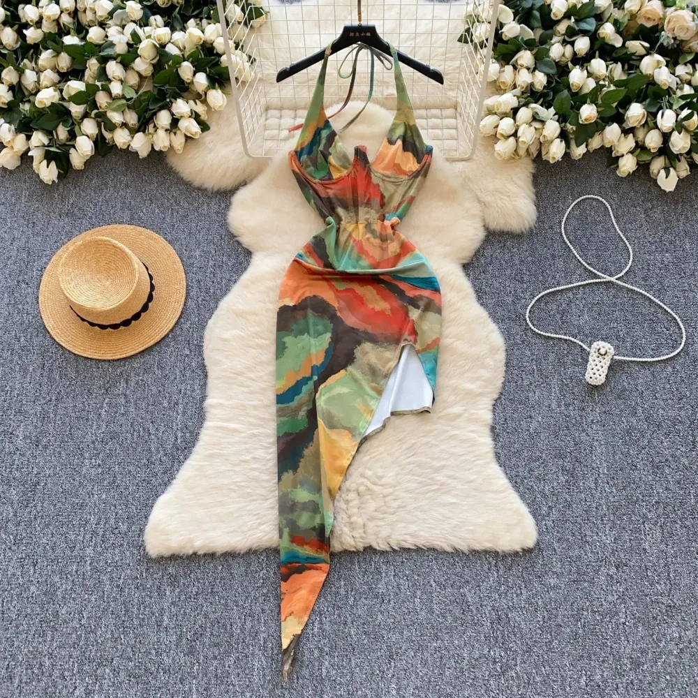 Hotsweet elegante sem mangas sexy halter bandagem com decote em v impressão chique split assimétrico vestidos finos noite roupas de rua alta