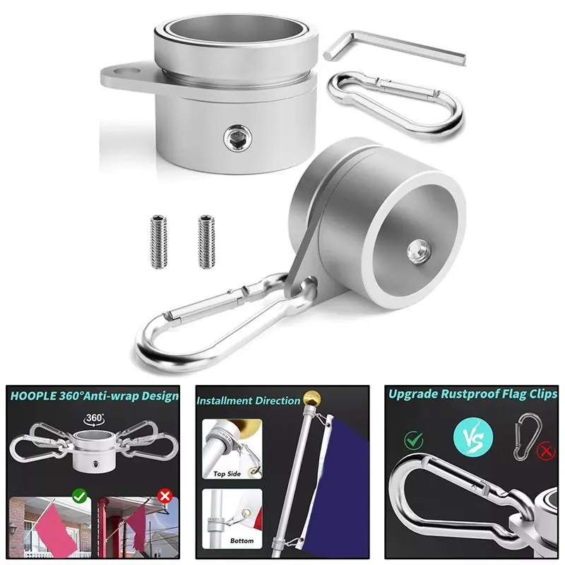 SOFT-2Pcs Aluminum Flag Pole Rings 360 Degree Rotating Anti-Wrap Flag Rings With Carabiners, For 0.75-1.02 Inch Flagpoles