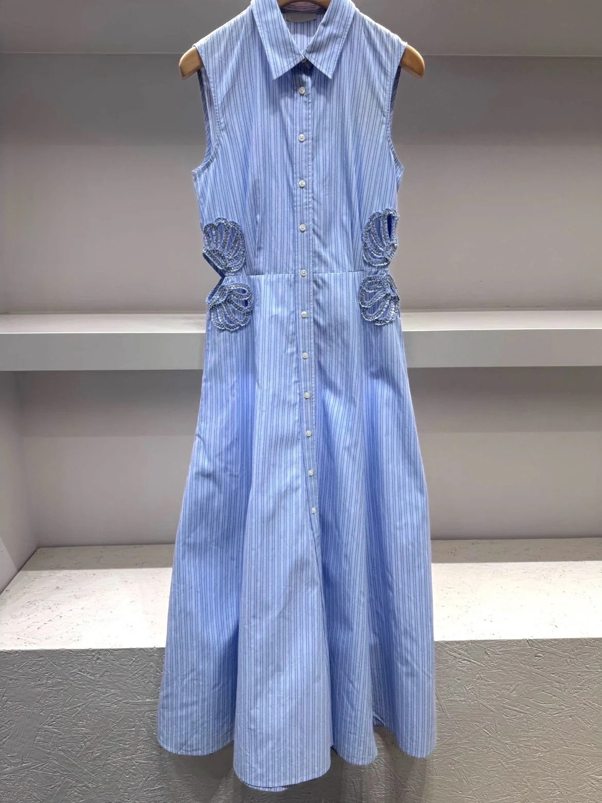 

Blue Long Sleeveless Shirt Dress with Heavy Work Rhinestones Show Waist Heidd Commute Style Cotton Women's Summer Dress