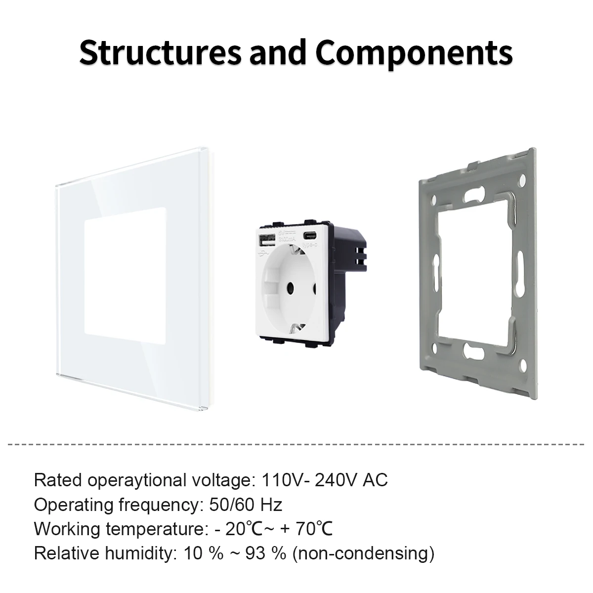 Bingoelec EU Standard Single Power Socket Crystal Panel 16A Double Wall Outlets Triple Type-C Plug Glass Quadruple Wall Sockets