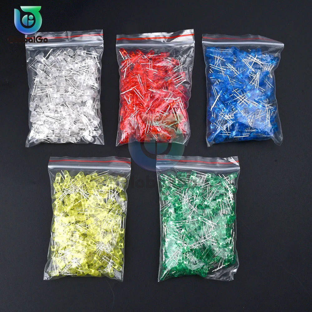 1000PCS F5 5MM LED Diode Assorted Kit Straw Hat LED Diodes White Red Blue Green Yellow DIY Light Emitting Diodes