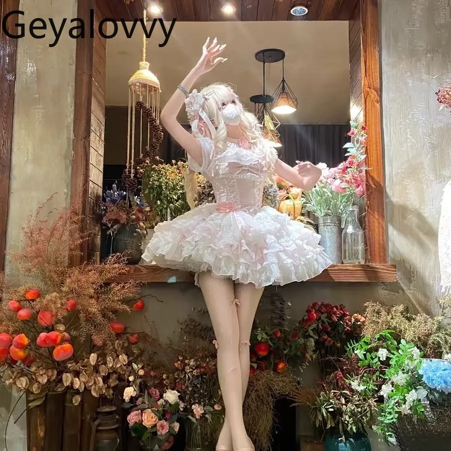 

Платье-мини с короткими рукавами и бантом в стиле Лолита, оригинальный японский сладкий стиль, с завышенной талией, облегающее, для дня рождения и вечеринок