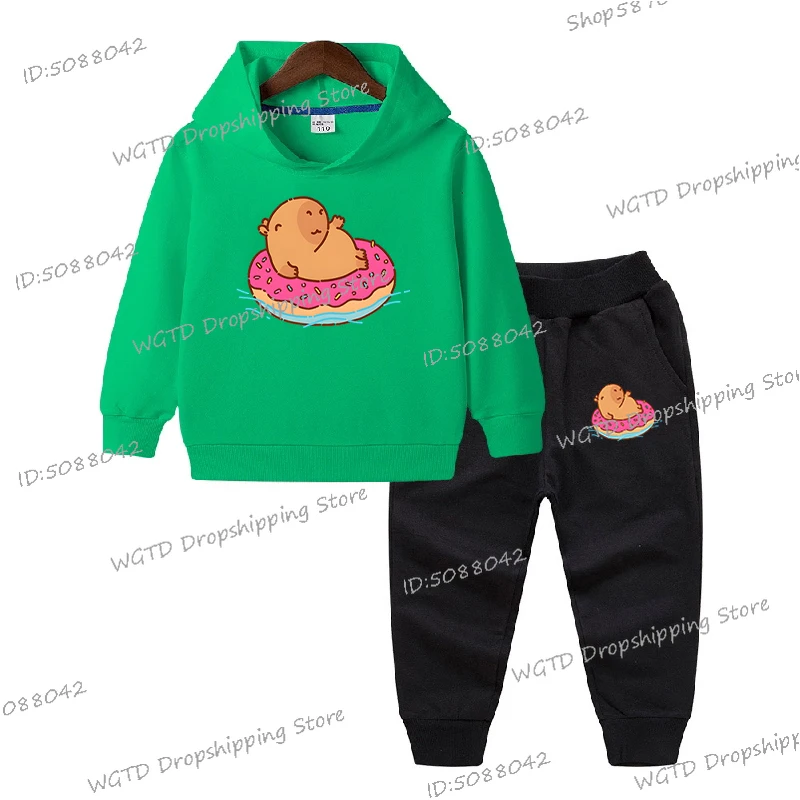 Simpatico capibara galleggiante in una ciambella Stampa Bambini Ragazzi Ragazze Felpe con cappuccio Abito Capybaras 2 pezzi Felpe con cappuccio Pantaloni Abito Kawaii Cartoon Design