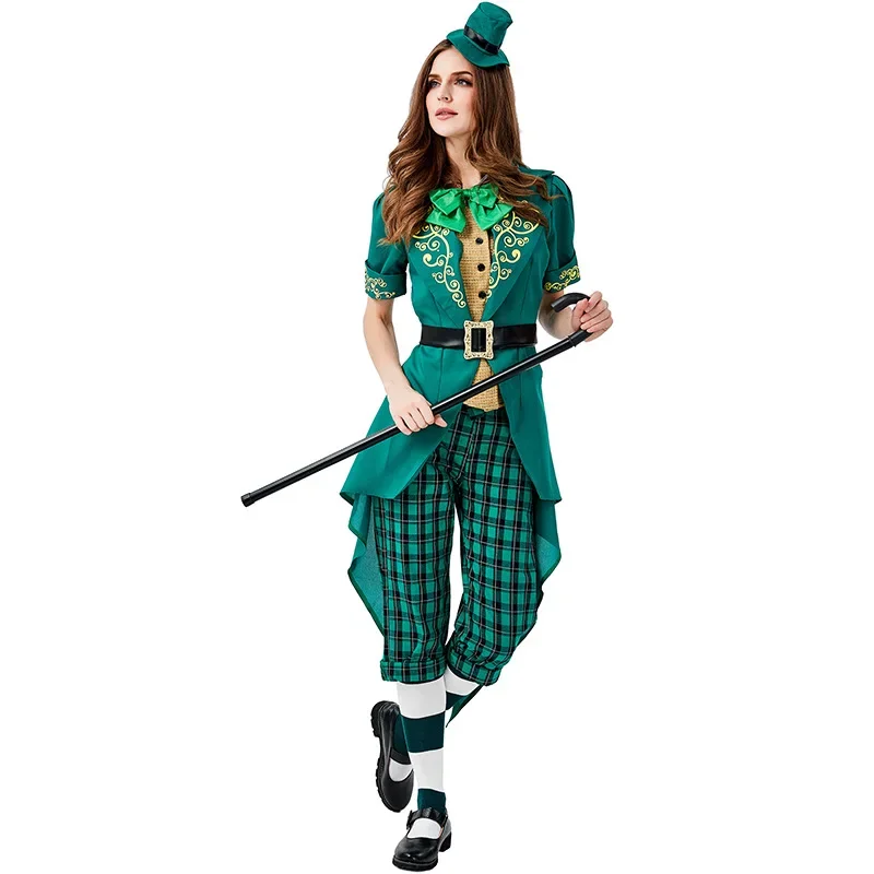 Green Clover St.Patrick Day Costume Women Ireland Festival Elf Cosplay Dress Up Suit Party Outfit Jacket Pants Hat Bow Tie Socks