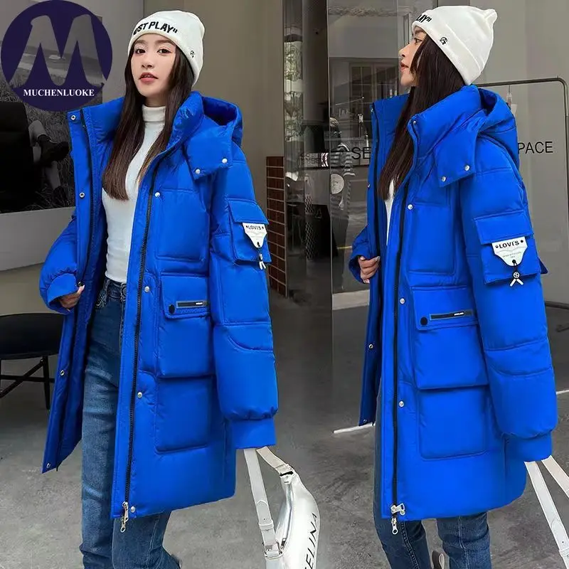 سترة شتوية نسائية أنيقة 2025 بأكمام طويلة مع قلنسوة سميكة ودافئة على الموضة الكورية معطف سترة فضفاض غير رسمي للنساء