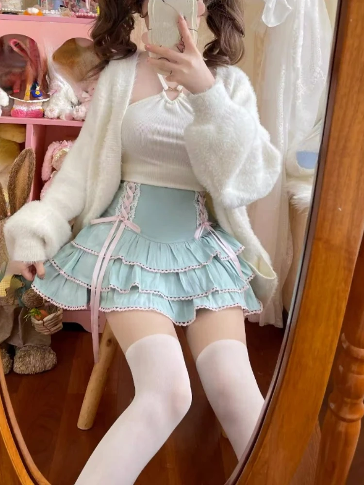 2024 Japon Kawaii Lolita Tarzı Pileli Etekler Kadın Yüksek Bel Pembe Bandaj Peri Y2k Estetik Etek Sevimli Faldas Mujer Moda