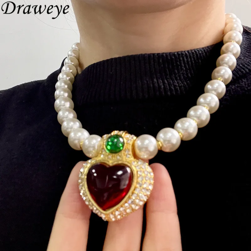 Draweye hiver pull chaîne Vintage coeur palais Style colliers pour femmes perles mode Hyperbole Collares Para Mujer