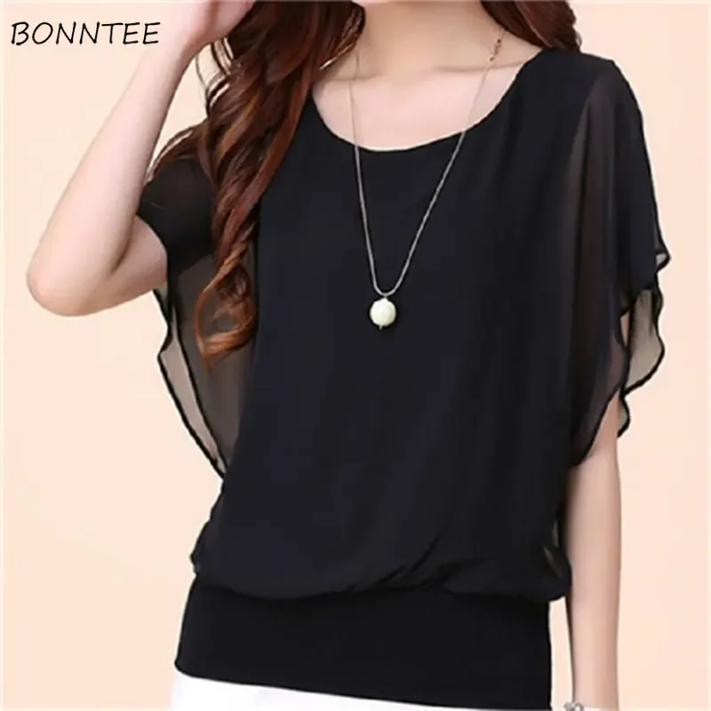

Chiffon Blouses Women Casual Short Batwing Sleeve O-neck Korean Fashion Commuting Elegant Ladies Breathable Soft Stylish Summer