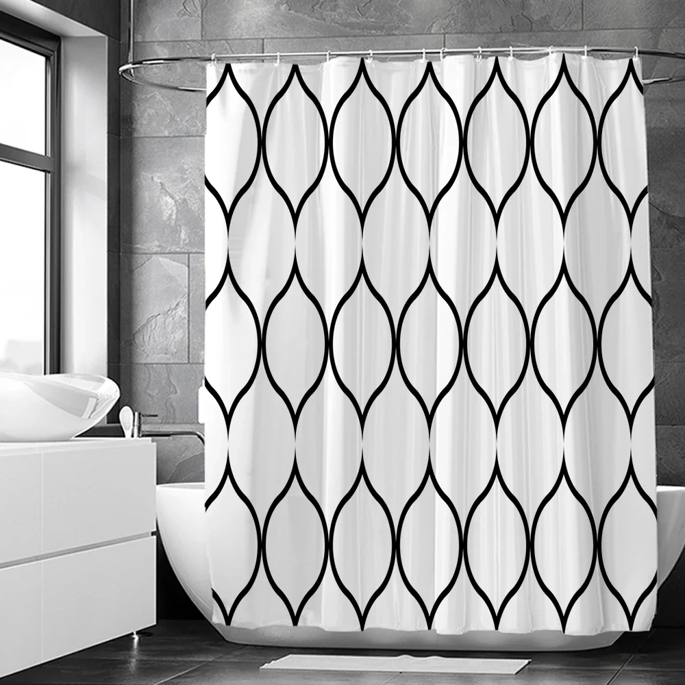 Black and White Geometric Pattern Shower Curtains Waterproof Fabric Bathroom Curtain with Hooks 180x180cm Toilet Bath Screen