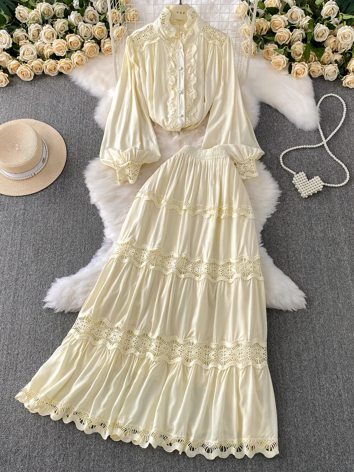 

e Синий тяжелый экралированный кружевной лоскутный воротник-стойка, фонарь Све айр и юбка, комплект из двух предметов с высокой талией для похудения...