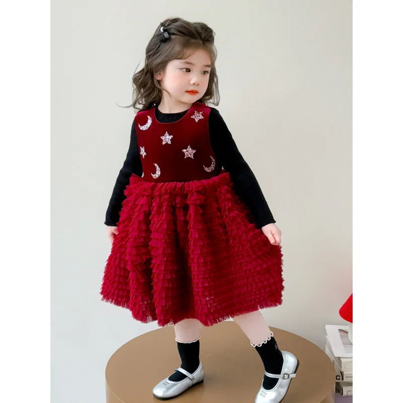 

Girls New Year Dress Set Autumn Winter Outfit Children Princess Dress Girl Winter Sweater Fleece Vest Dress