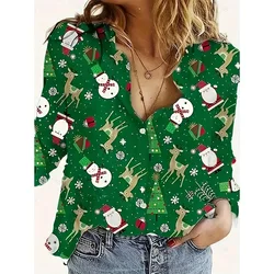 Camisas de manga larga para mujer, Tops versátiles con estampado de árbol de Navidad en 3d, botonadura única, básico de gran tamaño, verano y primavera, nueva moda