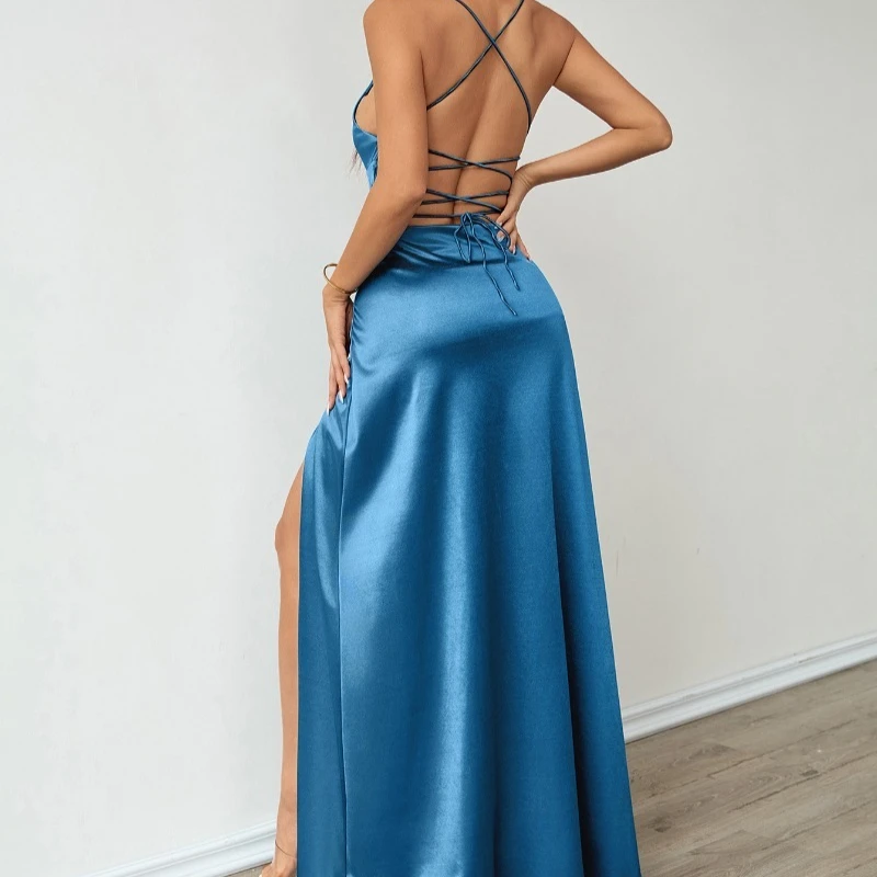 ชุดราตรีผู้หญิงทรงยาว เอวสูง เปิดหลัง ผ้าโพลีเอสเตอร์ผสม สไตล์ใหม่ เซ็กซี่ ทรงเข้ารูป คอวีลึก ผูกเข็มขัด ผ้าซาติน ผ่าข้าง