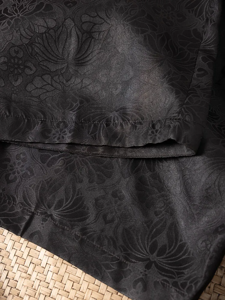 Women's Autumn Clothing 100% Natural Mulberry Silk Gambiered Guangdong Gauze Black Jacquard Fashionable Loose Straight-leg Pants