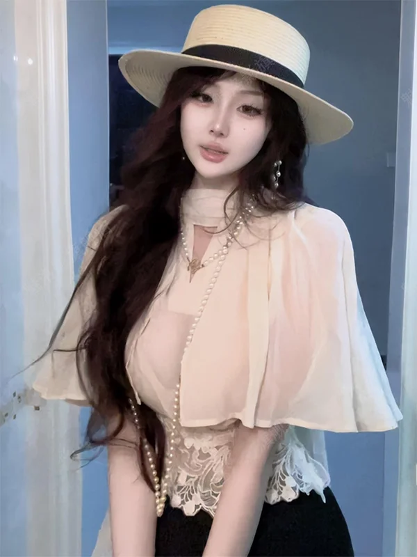 

Elegant Lace Splice Top Women Summer Vacation Slimming French Style Hollow out Bateau Neck Short Sleeve Girl's Fashion
