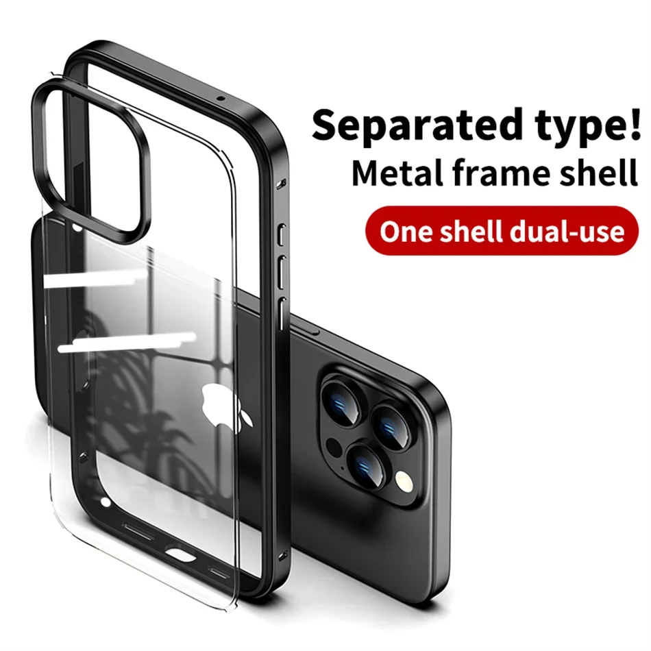 Luksusowe etui na telefon 2 w 1 z lekką metalową ramką aluminiową do iPhone'a 16 15 14 13 12 Pro Max Bumper Zdejmowana przezroczysta akrylowa tylna obudowa — zdjęcie produktu 2