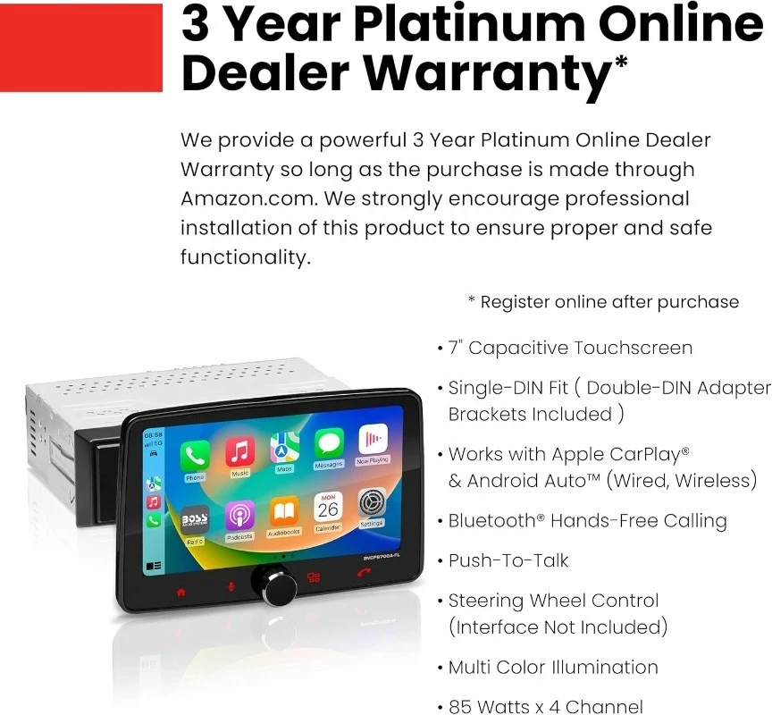 BVCP9700A-FL Single DIN Car Stereo Wireless CarPlay، Android Auto، شاشة لمس 7 بوصة، بلوتوث، /FM