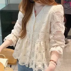 Women's Printed V-Neck Long Sleeved Shirt, Korean Style, Waist Closing Top, Spring and Autumn, New, 2023