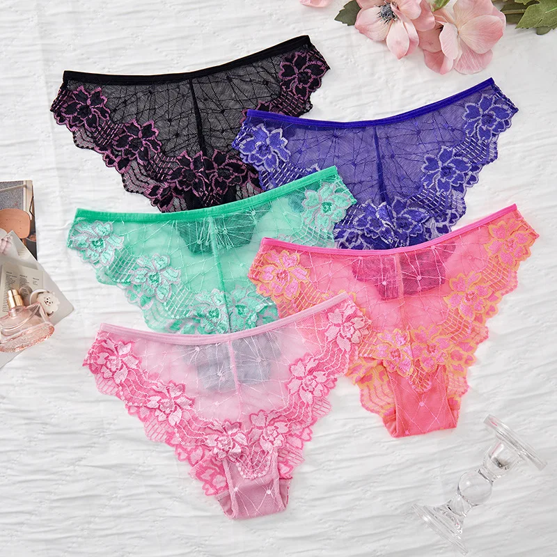 5pcs Lace Perspective Floral Women Panties Mid Waist Breathable Comfortable Lady Briefs Embroidery Underwear Female Underpants