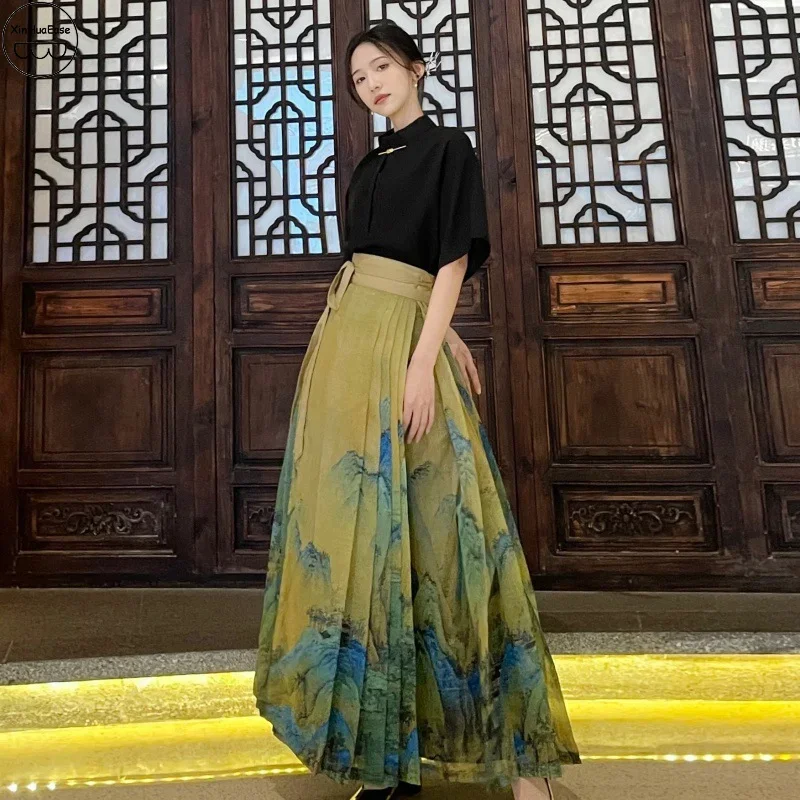 

WATER Horse Face Skirt Modern Hanfu Women's New Chinese Style Qianli Jiangshan Tu Green MaMianqun Skirt Daily Wear Shirt