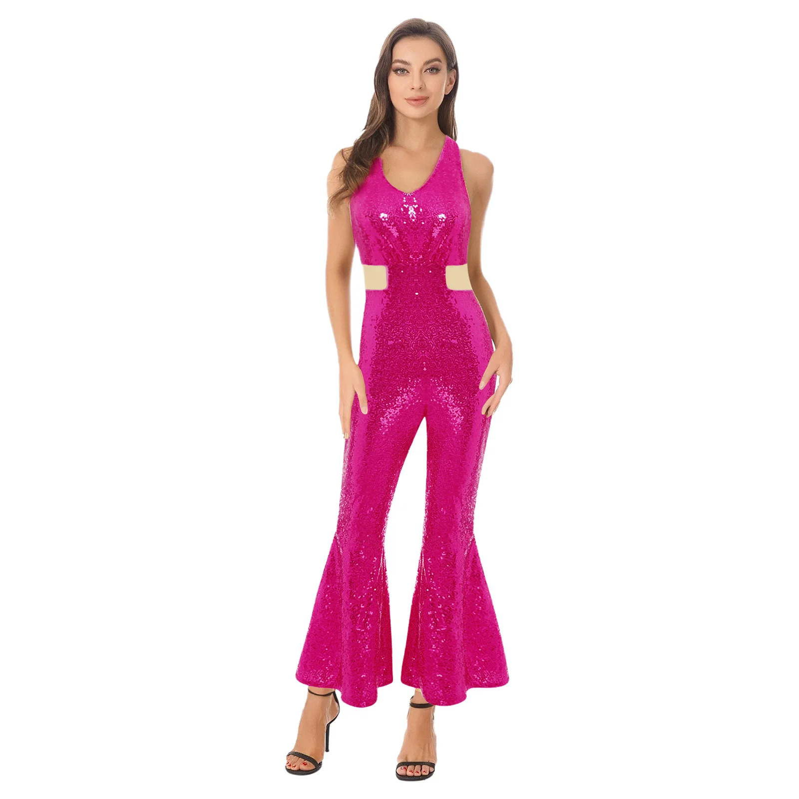 

Womens Shiny Sequins Vintage Jazz Dance Bodysuit Sleeveless Backless Ruffled Bell Bottom Rompers Rave Disco Party Dancewear