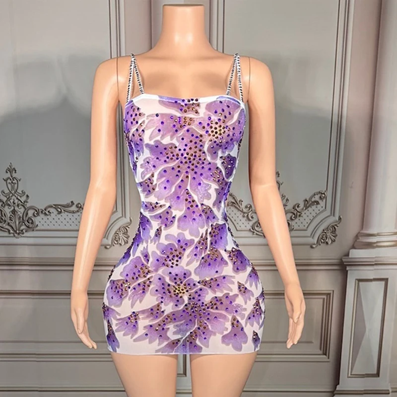 Frauen Hochzeit Outfit Lila Gold Strass Festival Kleid Feiern Abendkleider Bühne Nachtclub Bar Bühne Tragen XS10167