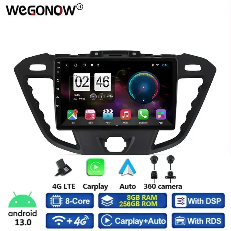 HD 1080*720 8G+256G 8Core DSP Android 13.0 Car DVD Player GPS Map WIFI Bluetooth 5.0 RDS Radio For Ford Transit Custom 2013-2018