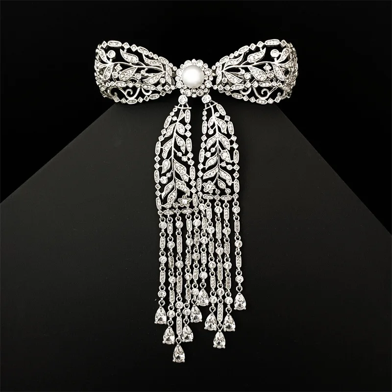 2023 Elegant Hollow Out Tassel Bow Knot Brooch Shiny Zircon Freshwater Pearl Exquisite Zircon Bowknot Broochpins Women\'s Corsage