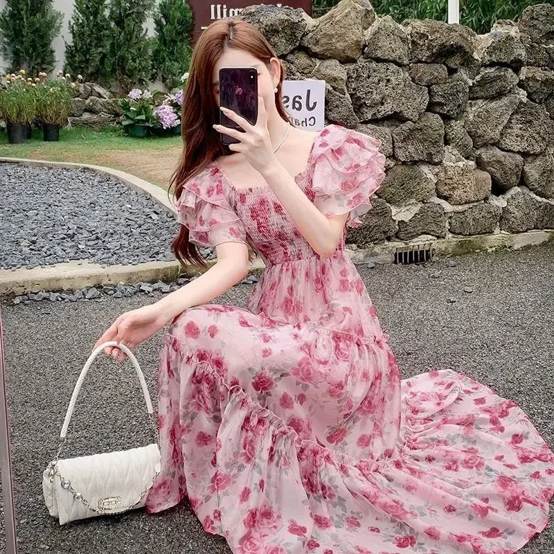 Women Dress 2024 New Summer Pink Chiffon Boho Dress Elegant Floral Beach Chic Casual O-Neck Fashion Long Prom Bodycon Dresses Fo