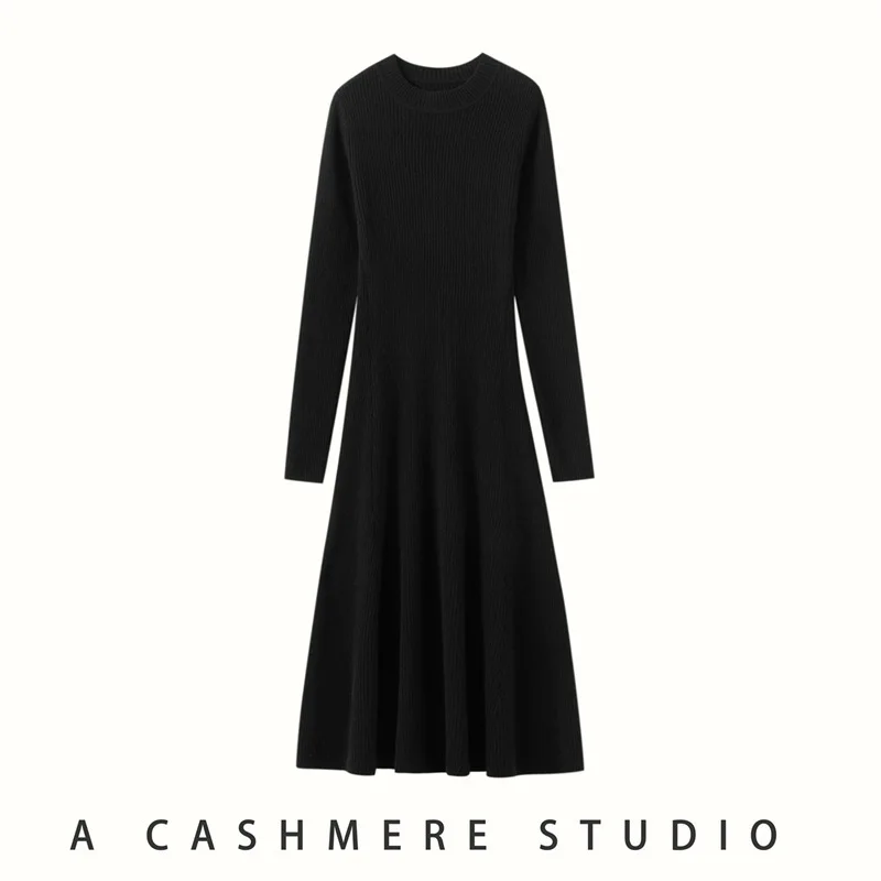 2026 Nieuwjaar Dames Herfst/Winter Kleding 100% Kasjmier Halfhoge Hals Kerst Effen Kleur Lange Mouwen Feestjurk