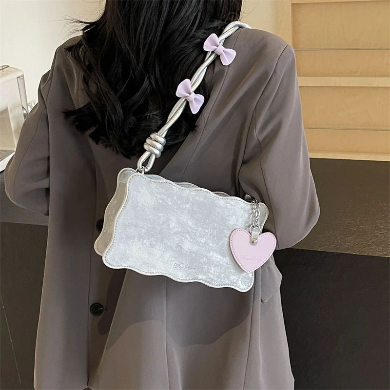 Sweet Bow Design Shoulder Bags for Women 2024 Y2K Luxury Designer Korean Fashion Handbags and Purses Females Underarm Bag