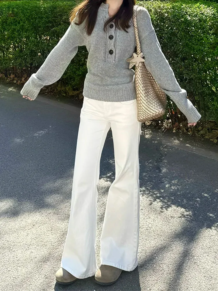 

Белые джинсы-клеш с высокой талией для женщин, весна-осень, новые, стройнящие, свободные, маленький размер, необлегающие джинсы