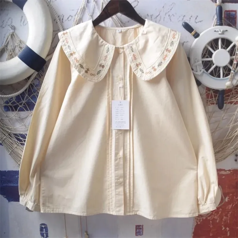 

Women's Embroidered Peter Pan Collar Shirt Long Sleeve Loose Fit Casual Button Down Blouse