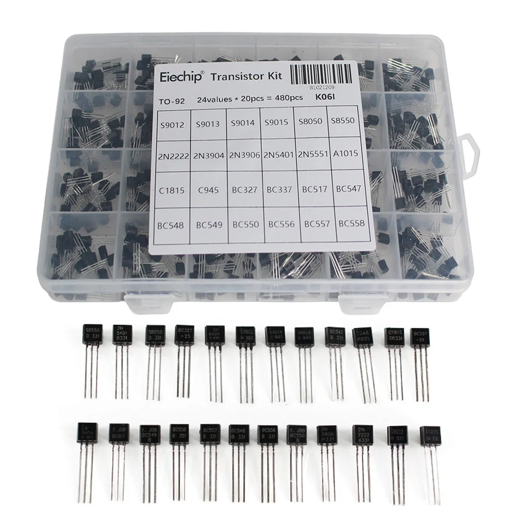 480PCS NPN PNP Transistor Assortment Kit TO-92 24 Valuesx20pcs 2N2222 S8050 S9014 2N3906 BC327 BC337 BC547 BC558 DIY for Arduino