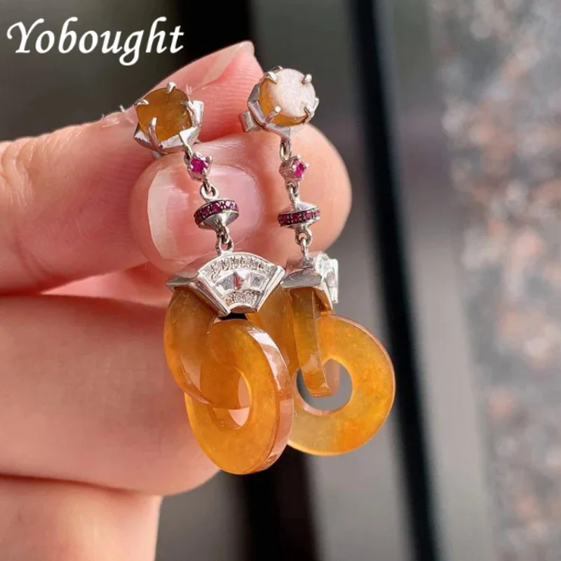 Creative Retro Inlaid Ice Kind Of Natural Hetian Topaz Interlocking Drop Earrings For Women Classic Classical Style Jewelry